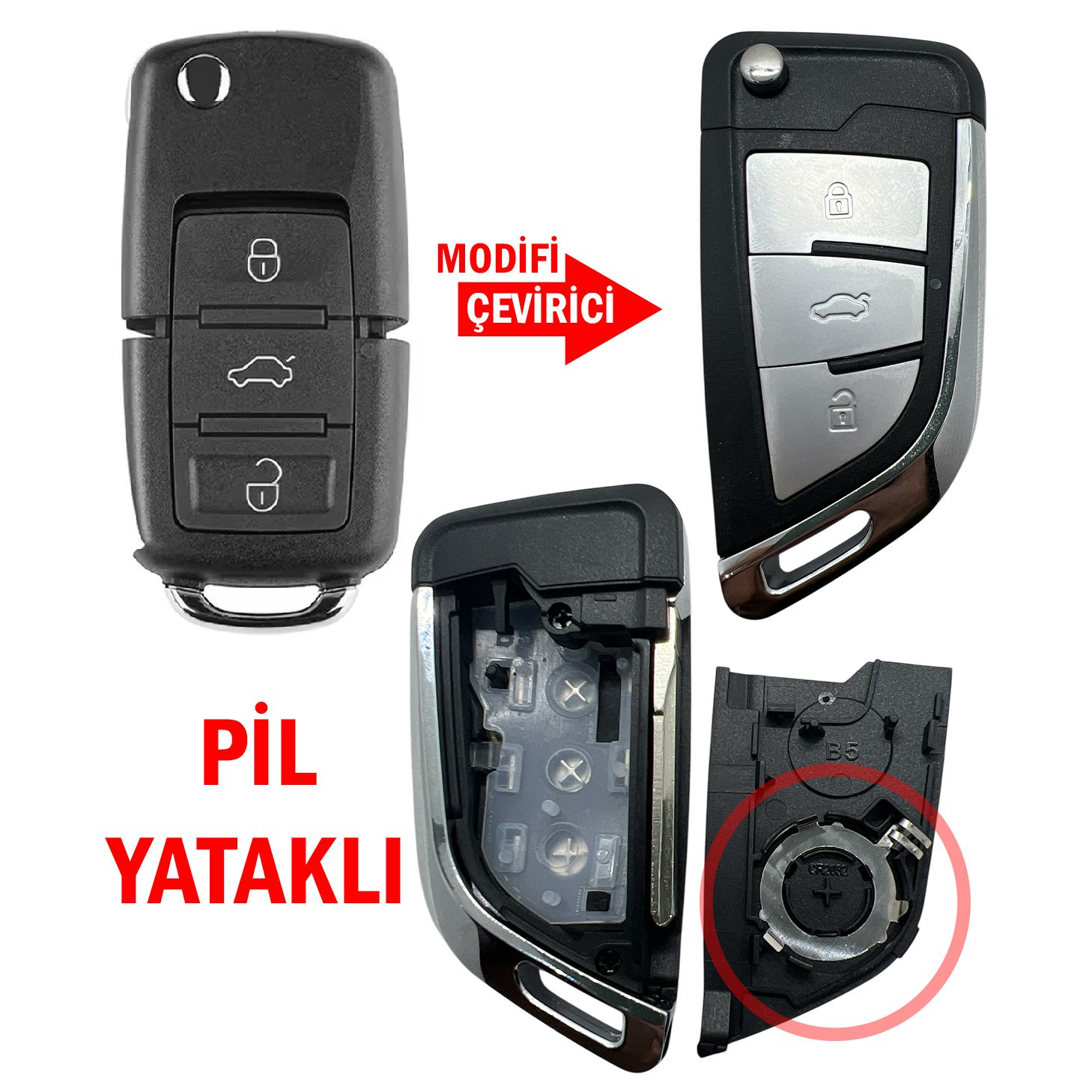 2856 | VW B5 Çevirici Kumanda Kabı 3 Buton HU66 Pil Yataklı