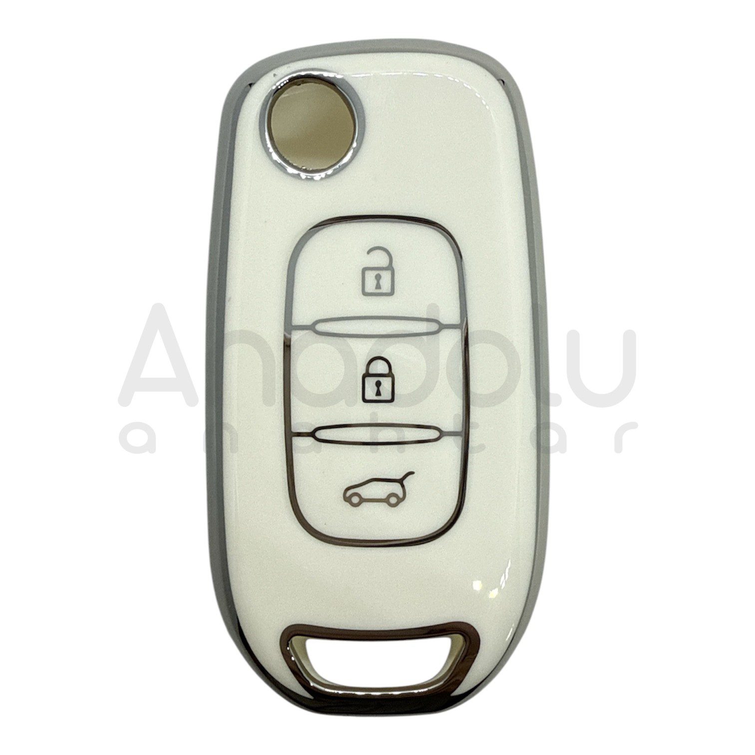 3523-WS | Renault Sustalı Kumanda Nano Silikon Kılıfı 3 Buton Beyaz-Gümüş