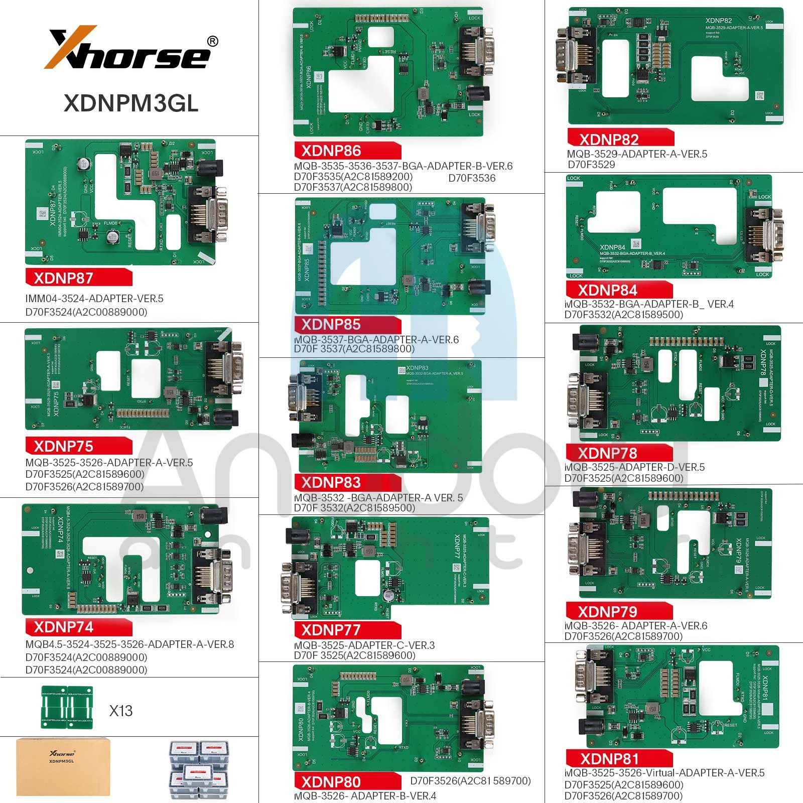 5830 | Xhorse XDNPM3GL MQB48 Solder Free Adapters Full Package 13 Pieces for VVDI Prog, Multi Prog and VVDI Key Tool Plus